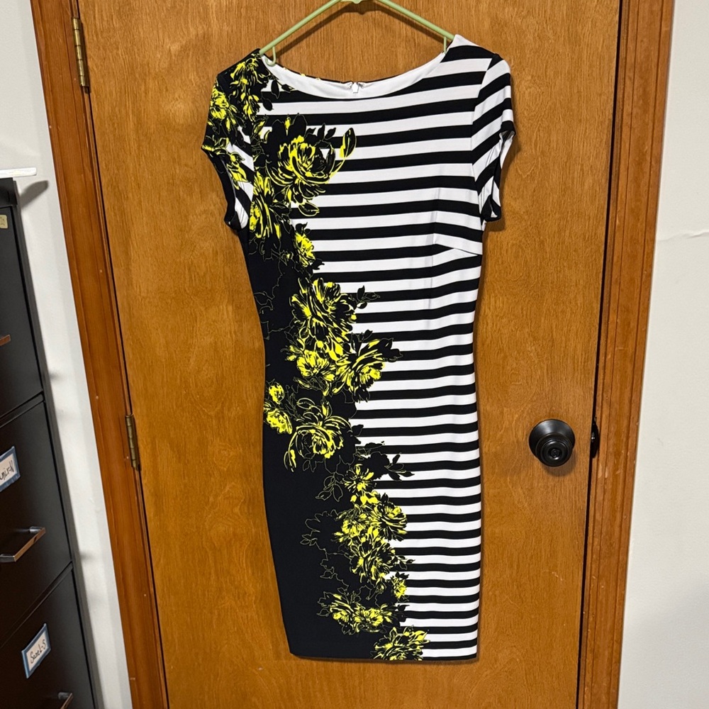 Cache Black and White Striped Dress with Yellow Floral Accents
